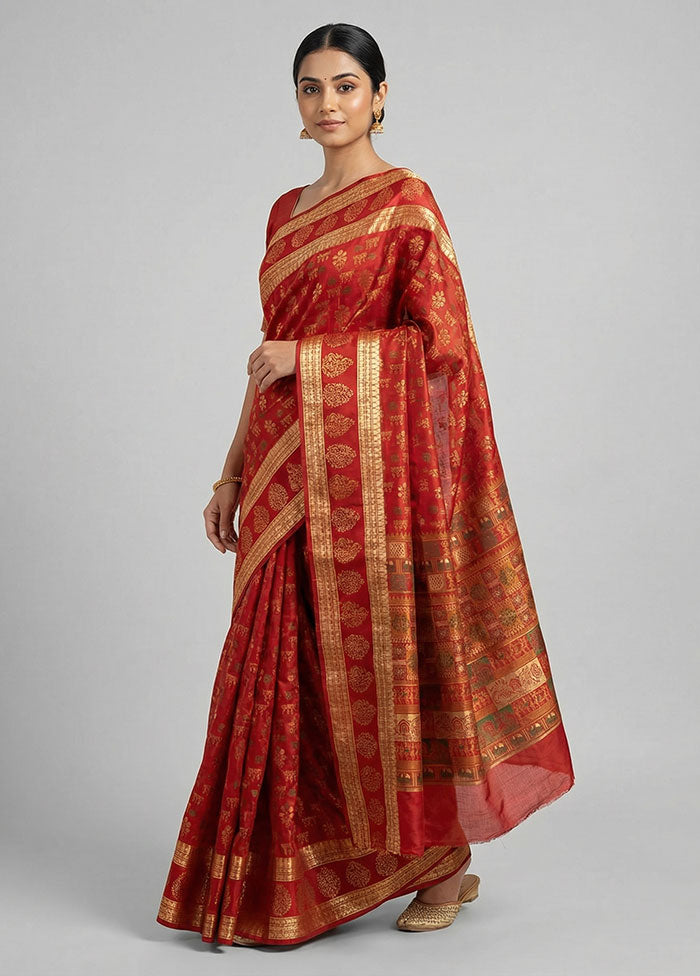 Red Printed Pure Silk Saree Without Blouse Piece