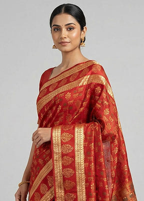 Red Printed Pure Silk Saree Without Blouse Piece