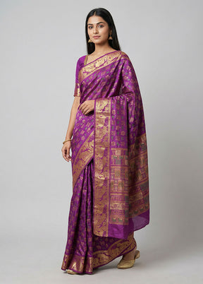 Purple Printed Pure Silk Saree Without Blouse Piece