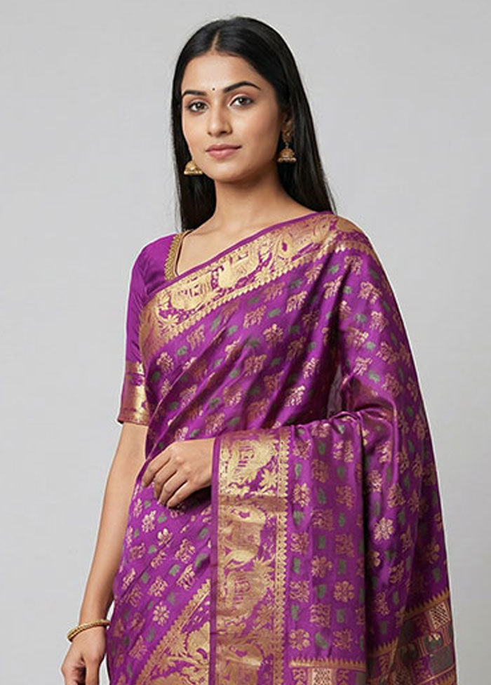 Purple Printed Pure Silk Saree Without Blouse Piece
