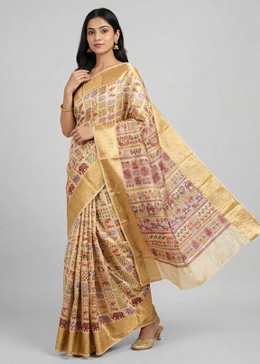 Cream Printed Pure Silk Saree Without Blouse Piece
