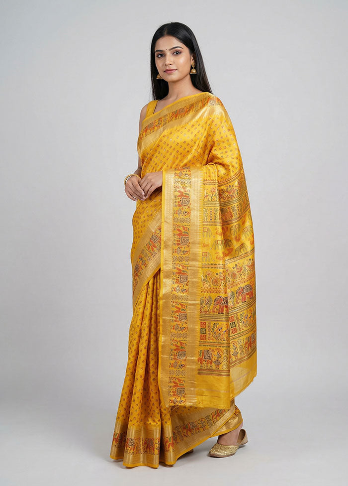 Yellow Printed Pure Silk Saree Without Blouse Piece