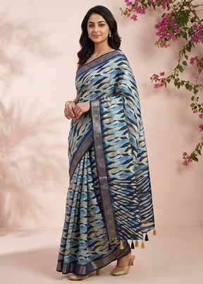 Blue Dupion Silk Saree With Blouse Piece