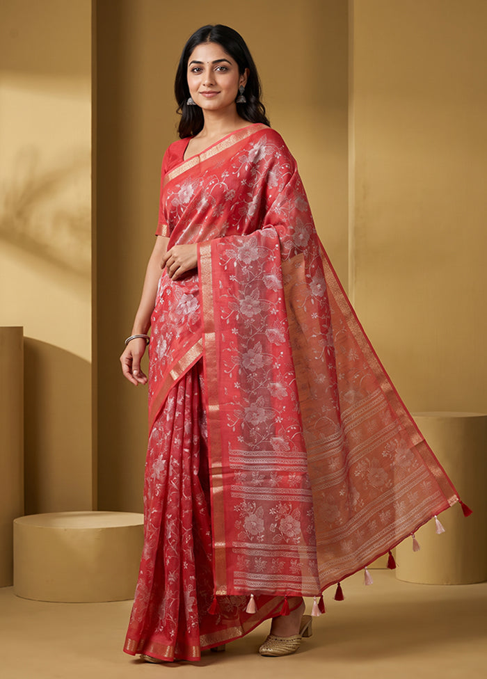 Red Dupion Silk Saree With Blouse Piece