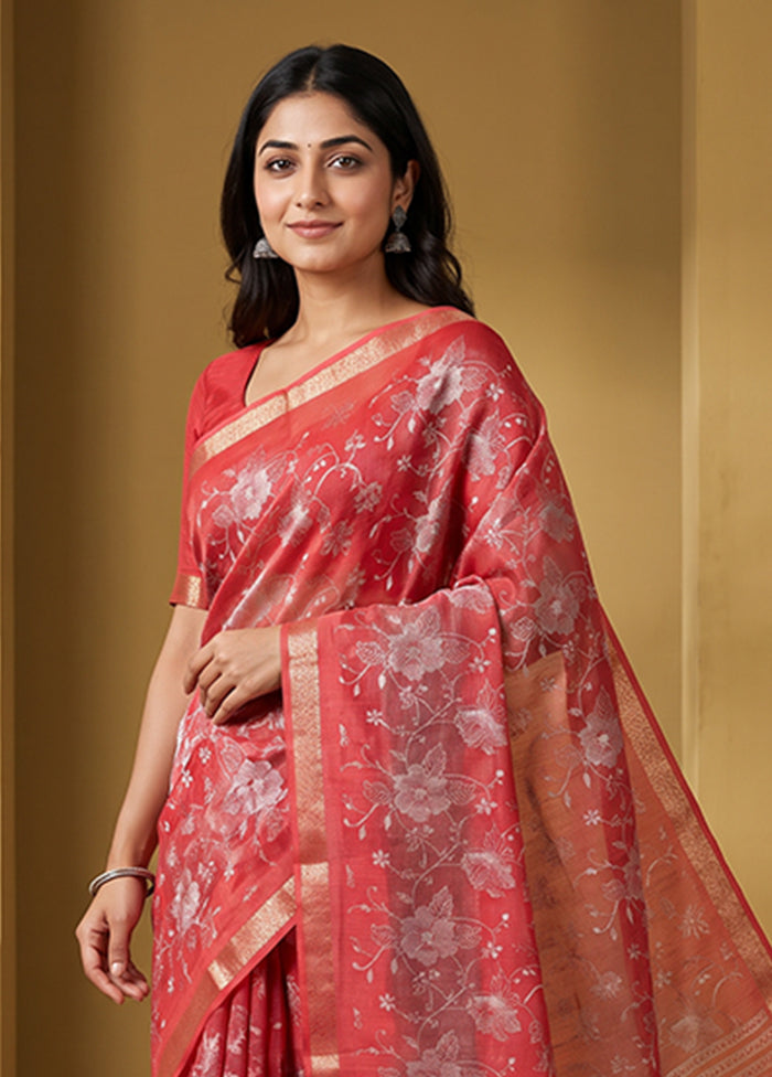 Red Dupion Silk Saree With Blouse Piece