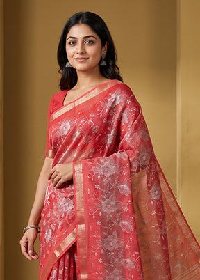 Red Dupion Silk Saree With Blouse Piece