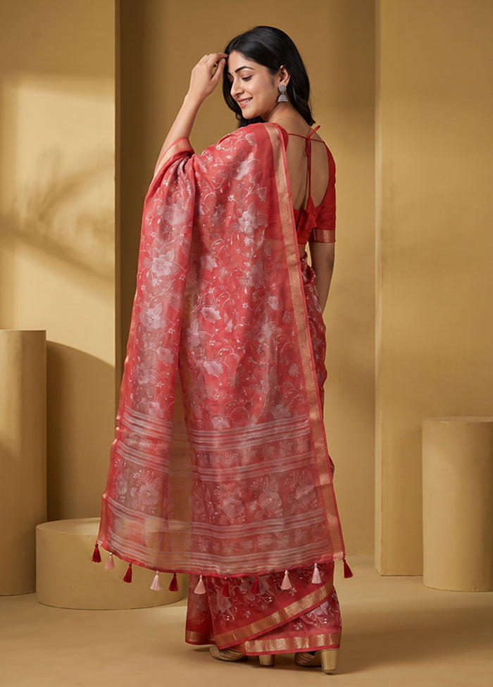 Red Dupion Silk Saree With Blouse Piece