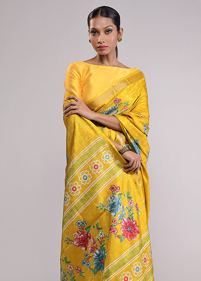 Yellow Dupion Silk Saree With Blouse Piece