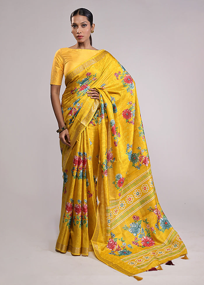 Yellow Dupion Silk Saree With Blouse Piece