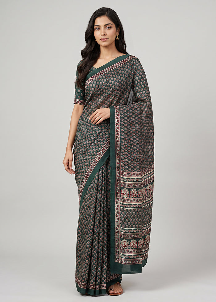 Green Printed Silk Saree Without Blouse Piece