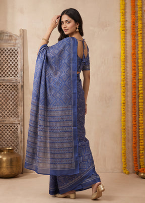 Blue Chiffon Silk Saree With Blouse Piece