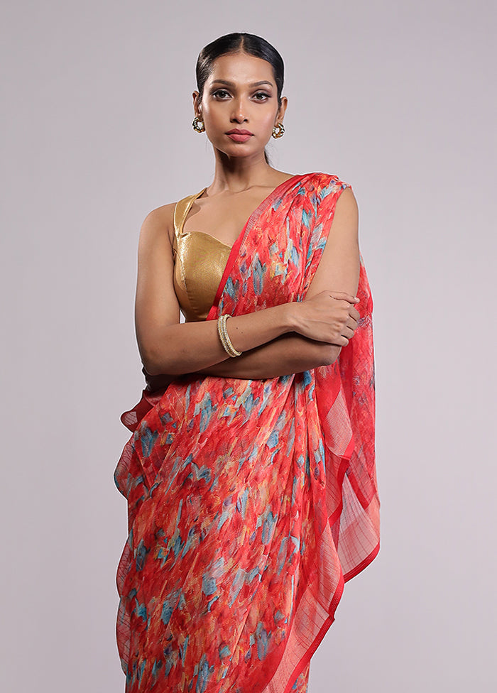 Red Chiffon Silk Saree With Blouse Piece