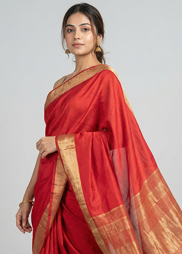 Red Dupion Silk Saree With Blouse Piece