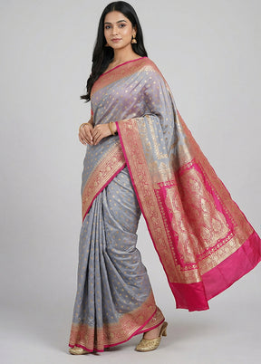Grey Banarasi Silk Saree With Blouse Piece