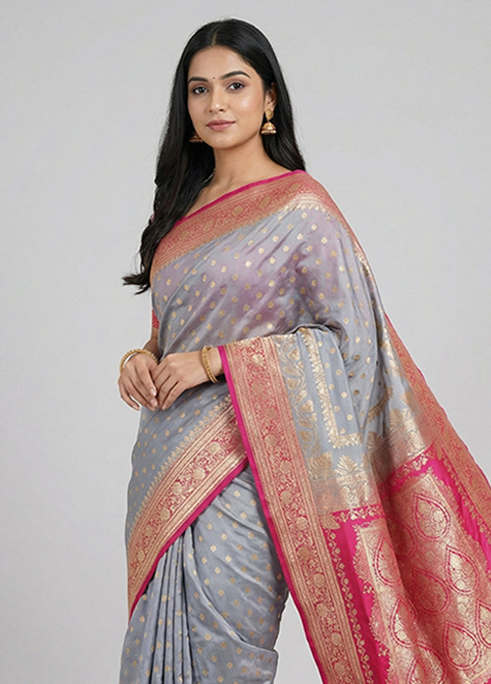 Grey Banarasi Silk Saree With Blouse Piece