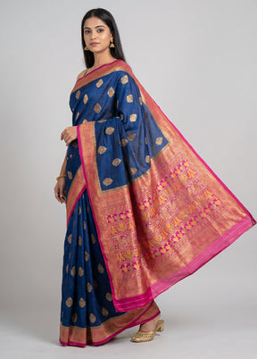 Blue Dupion Silk Saree With Blouse Piece