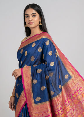Blue Dupion Silk Saree With Blouse Piece