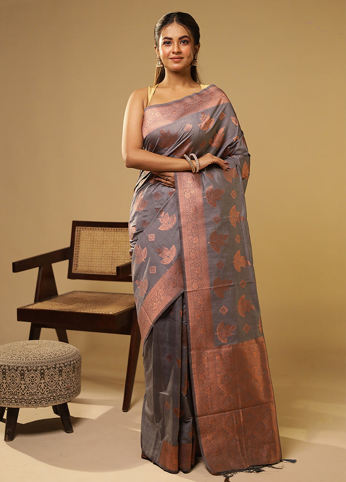Grey Dupion Silk Saree With Blouse Piece