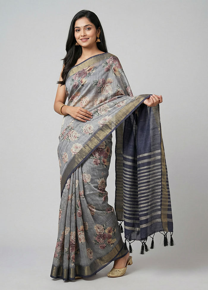 Grey Tussar Silk Saree With Blouse Piece