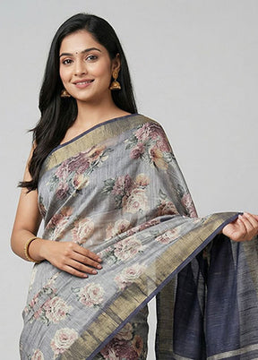 Grey Tussar Silk Saree With Blouse Piece