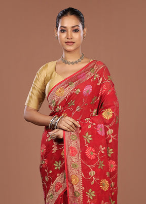 Red Handloom Pure Georgette Saree With Blouse Piece