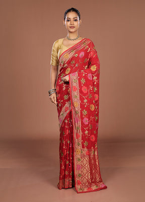 Red Handloom Pure Georgette Saree With Blouse Piece