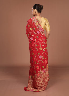 Red Handloom Pure Georgette Saree With Blouse Piece