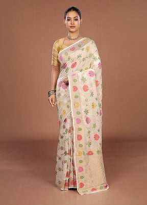 White Handloom Pure Georgette Saree With Blouse Piece