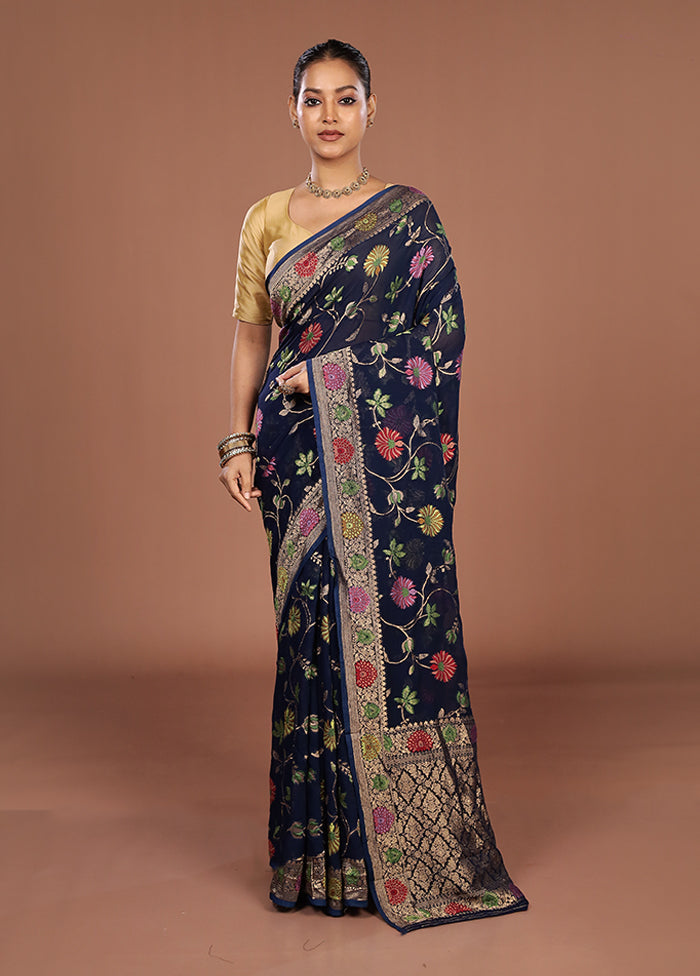 Blue Handloom Pure Georgette Saree With Blouse Piece