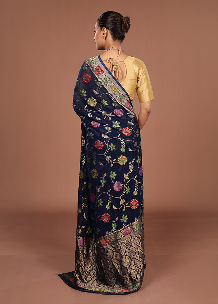 Blue Handloom Pure Georgette Saree With Blouse Piece