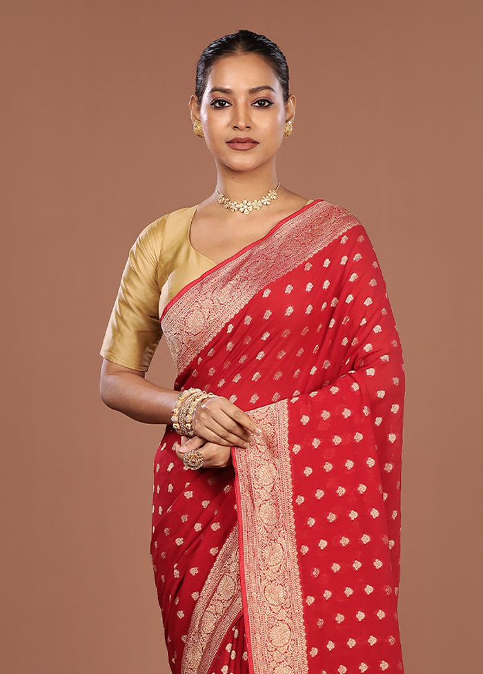 Red Handloom Pure Georgette Saree With Blouse Piece