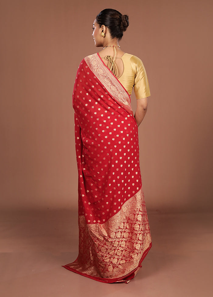 Red Handloom Pure Georgette Saree With Blouse Piece