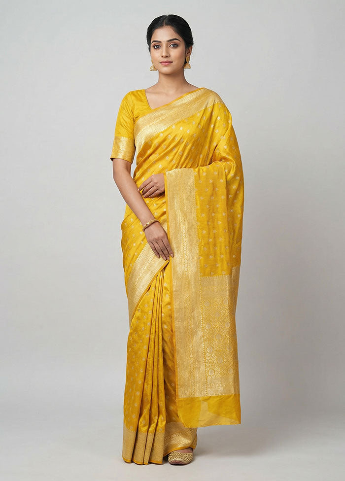 Yellow Dupion Silk Saree With Blouse Piece