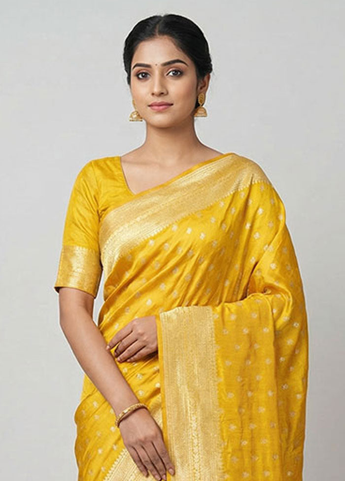 Yellow Dupion Silk Saree With Blouse Piece