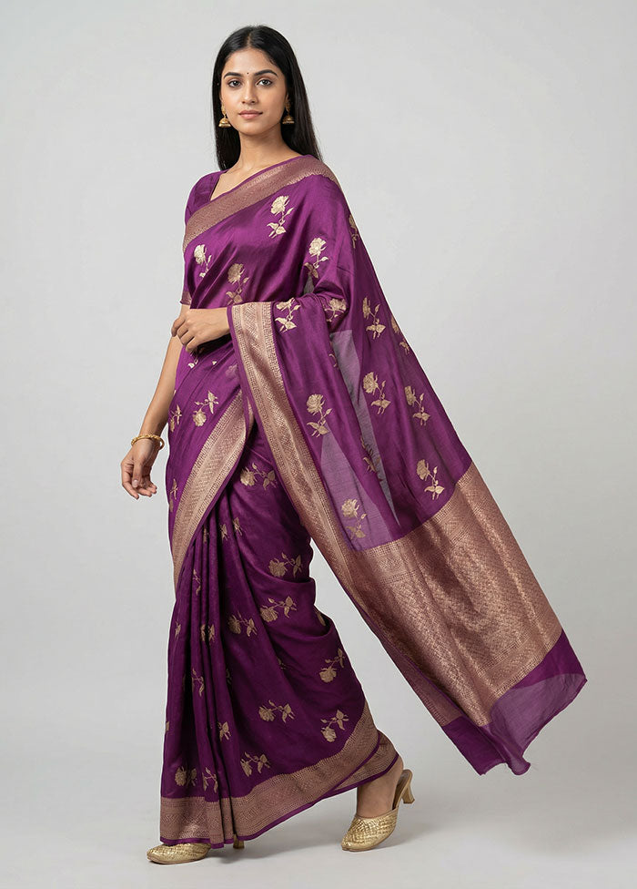 Purple Handloom Dupion Pure Silk Saree With Blouse Piece