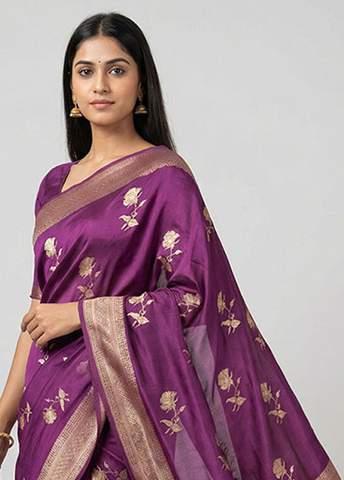 Purple Handloom Dupion Pure Silk Saree With Blouse Piece