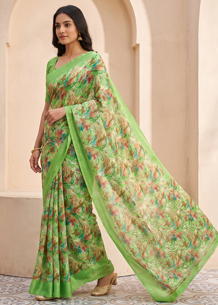 Green Printed Silk Saree Without Blouse Piece