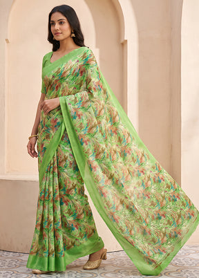Green Printed Silk Saree Without Blouse Piece