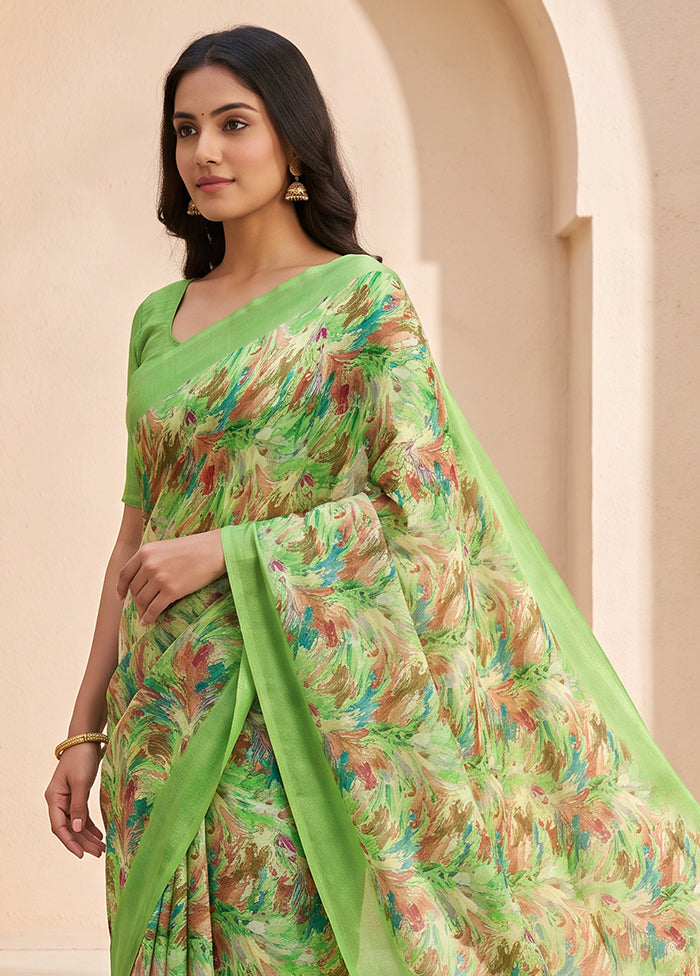 Green Printed Silk Saree Without Blouse Piece