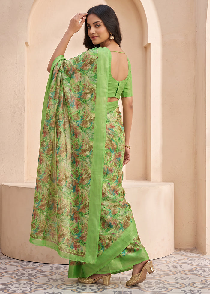 Green Printed Silk Saree Without Blouse Piece