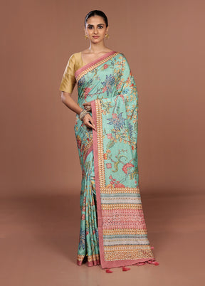 Green Dupion Silk Saree With Blouse Piece