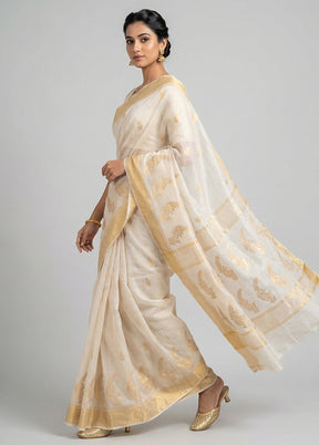 White Handloom Chanderi Pure Silk Saree With Blouse Piece
