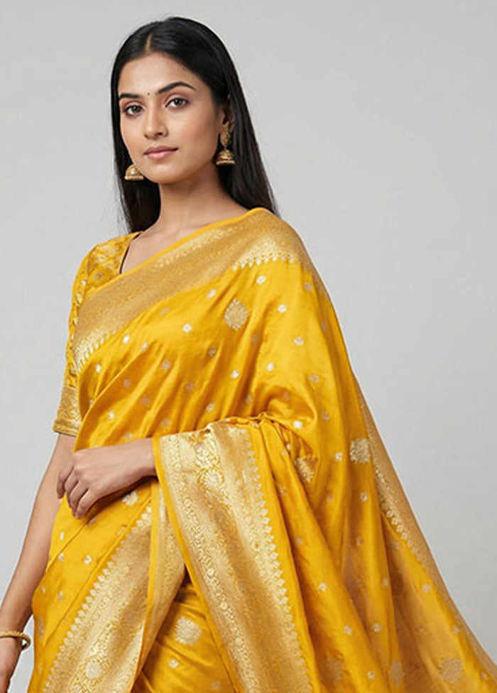 Yellow Handloom Dupion Pure Silk Saree With Blouse Piece