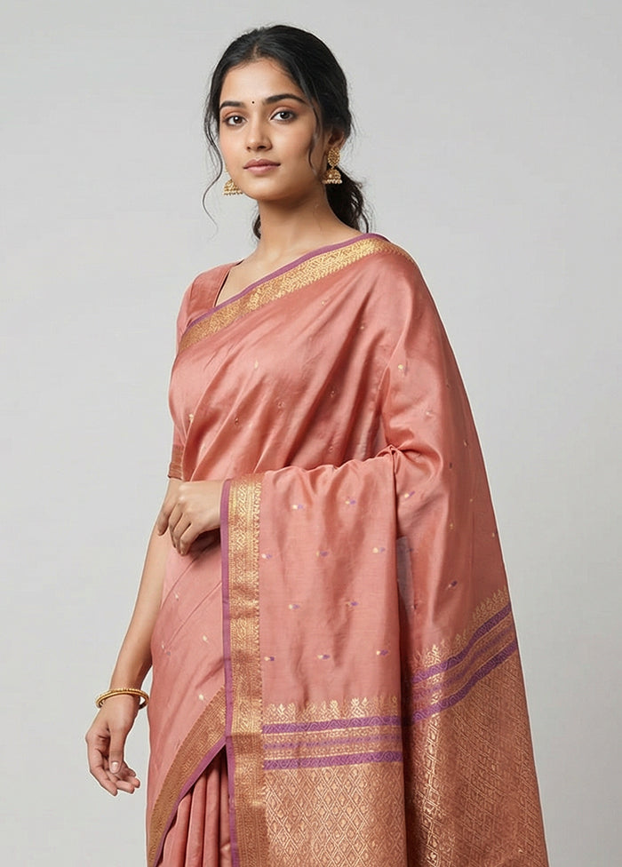 Peach Kanjivaram Silk Saree With Blouse Piece