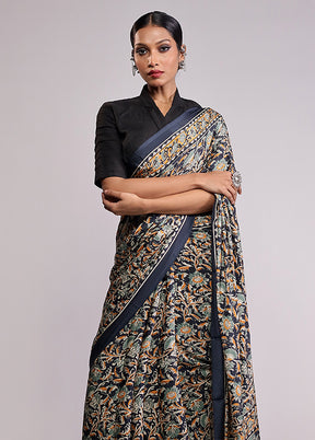 Blue Printed Silk Saree With Blouse Piece