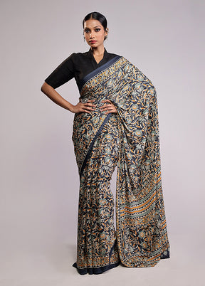 Blue Printed Silk Saree With Blouse Piece