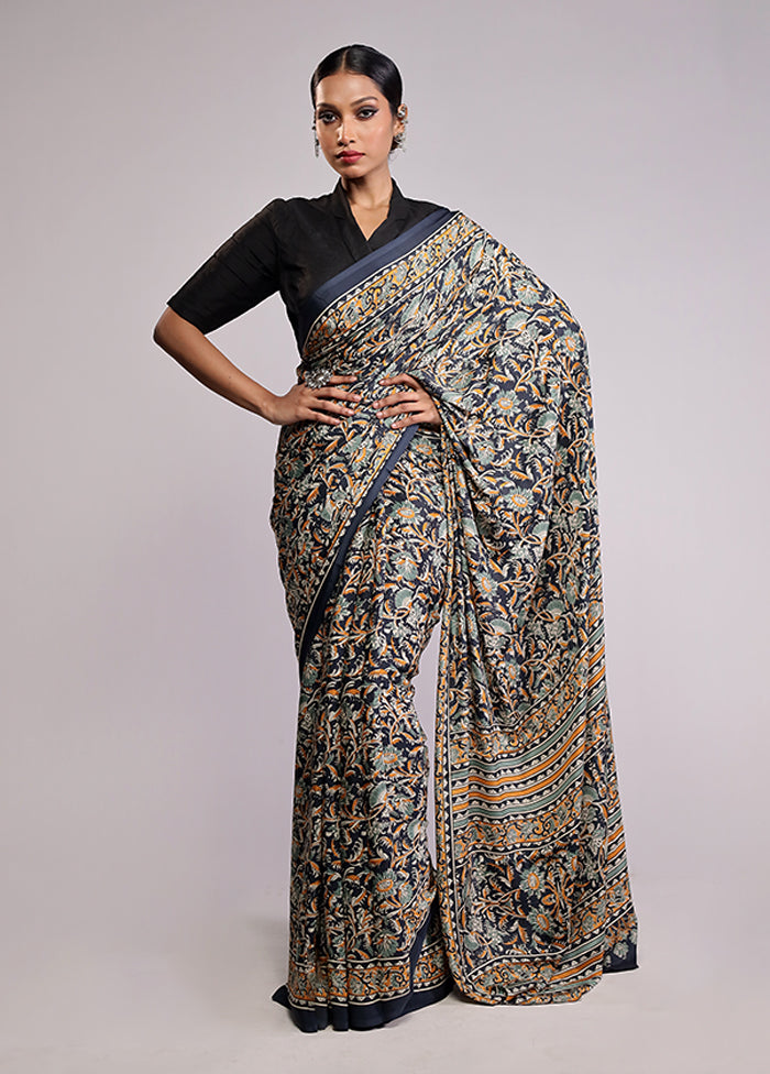Blue Printed Silk Saree With Blouse Piece