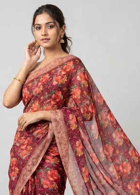 Pink Printed Silk Saree Without Blouse Piece