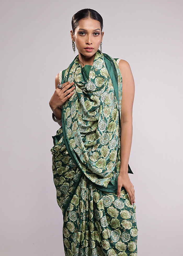 Green Printed Silk Saree Without Blouse Piece