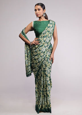 Green Printed Silk Saree Without Blouse Piece